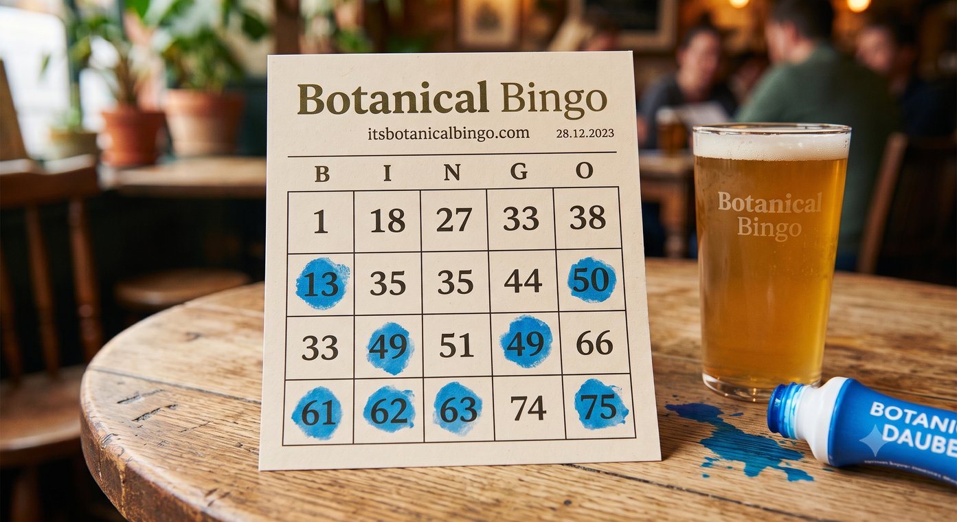 A Botanical Bingo card on a pub table next to a pint of beer