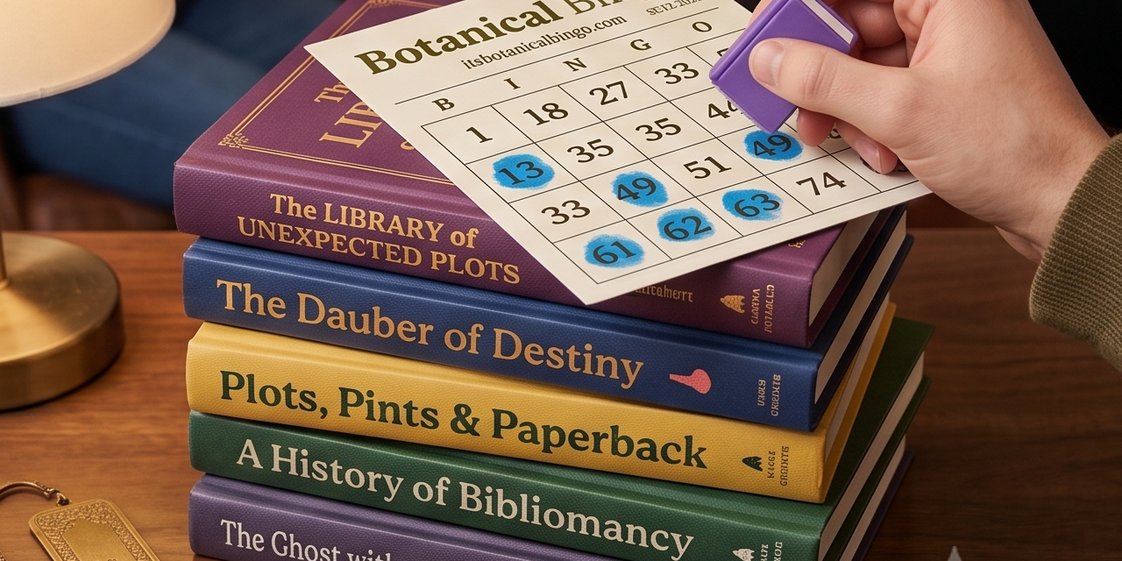 Book Bingo card resting on a stack of colorful books