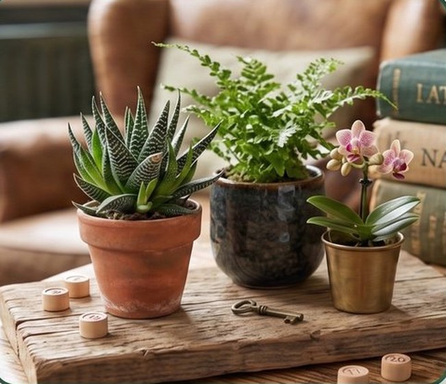Potted plants on a wooden desk